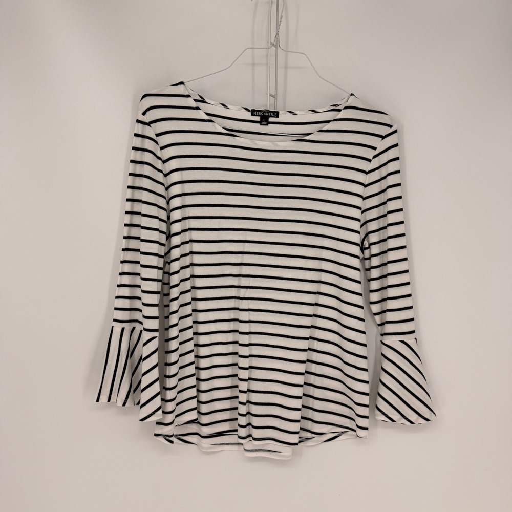 J.Crew Mercantile Womens L White Navy Striped Bell Sleeve Nautical Flared Sleeve